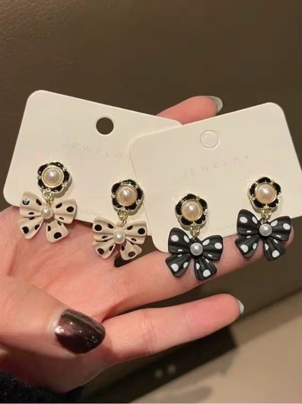 Black White Polka Dot Bow Drop Earrings with Pearl Detail - Picture 3 of 5